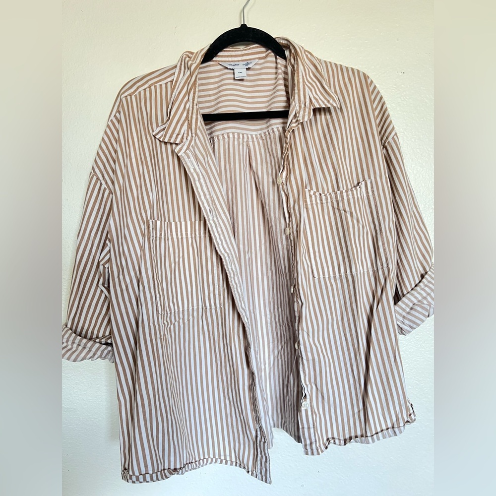 Old Navy Tan and White Striped Shirt